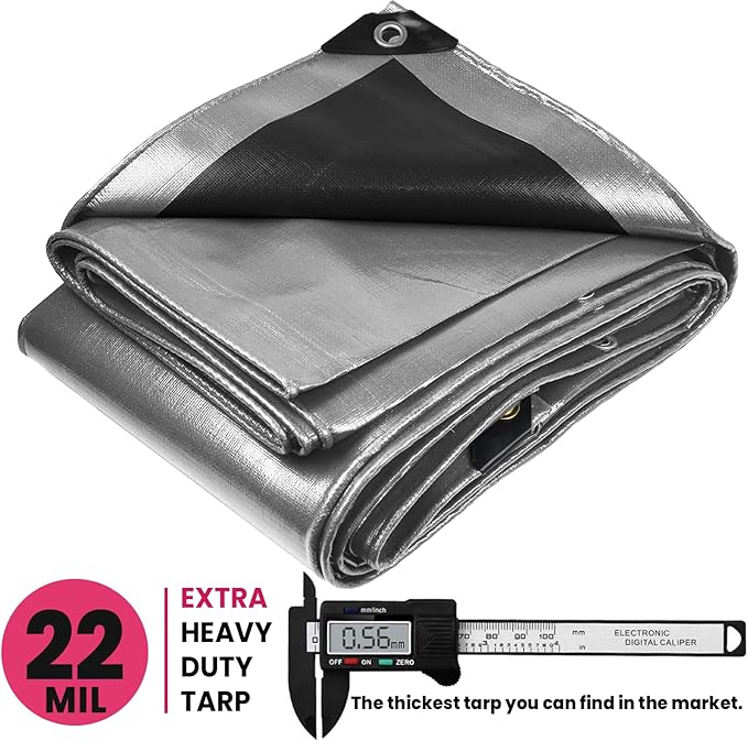 PROTARP Extreme Heavy Duty 22 Mil Tarp Cover, Waterproof, UV Resistant, Rip and Tear Proof, Poly Tarpaulin with Reinforced Edges for Roof, Camping, Patio, Pool, Boat. (Silver/Black 24′ X 50′)