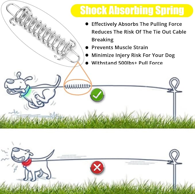 jenico Dog Tie Out Cable - 25ft Dog Lead for Yard - Heavy Duty Dog Chain with Shock Spring - Outdoor Tether Leash for Small Large Dogs Up to 500 lbs