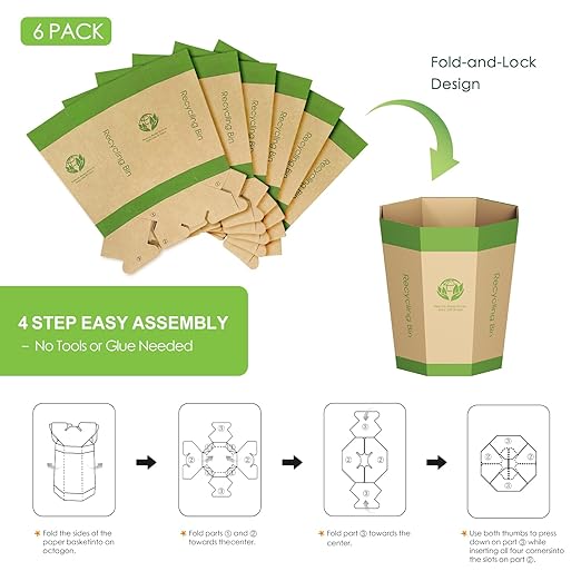 6-Pack Cardboard Trash Can – Foldable, Recyclable, Plastic-Free & Reusable Small Waste Paper Basket - Garbage Bin Perfect for Office, Bedrooms, Home, Events & Outdoor Activities (3.2 Gallon)