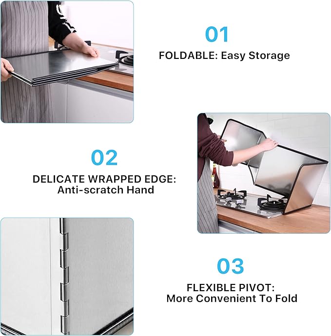 4 Sided Splatter Guard, Foldable Stainless Steel Grease Splatter Screen, Anti Splatter Splash Guard, Proof Baffle Stove Heat Insulation Sheet for Cooking
