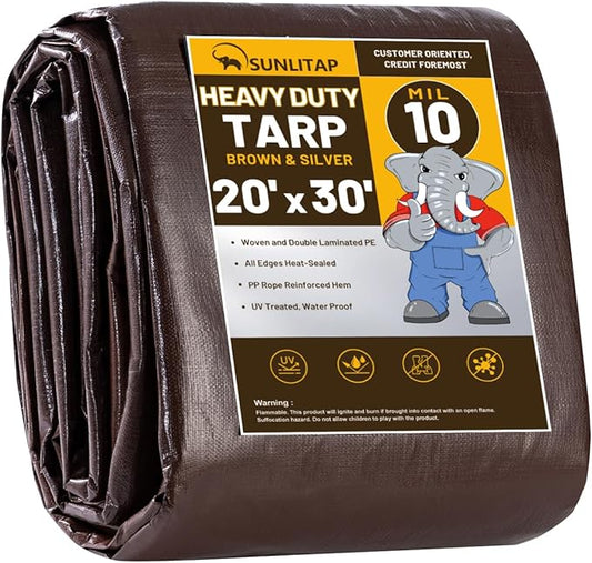 10 Mil Heavy Duty Waterproof Tarps, 20x30 Ft Finished Size Tarps, Premium Tarp with Metal Grommets & Reinforced Edge, Multipurpose Thick Poly Tarp for Car, Boat, Roof, Camping - Brown