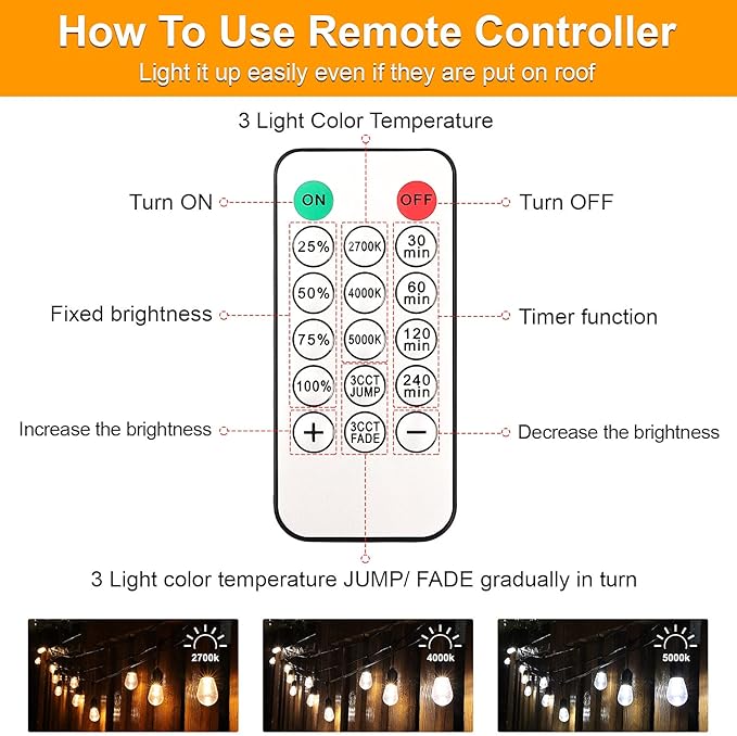 Mlambert 3 Color Outdoor LED Dimmable String Lights for Patio with Remote, Plug in 48FT Waterproof Shatterproof Edison Bulb Lights for Bistro Pergola