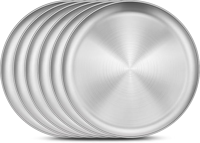 Homikit 6 Pack Stainless Steel Plate Set, 10.2 Inch Metal Kids Dinner Plates for Children Adult, Round Camping Plates for Serving Dishes Dessert Salad, Non Toxic & Reusable, Dishwasher Safe