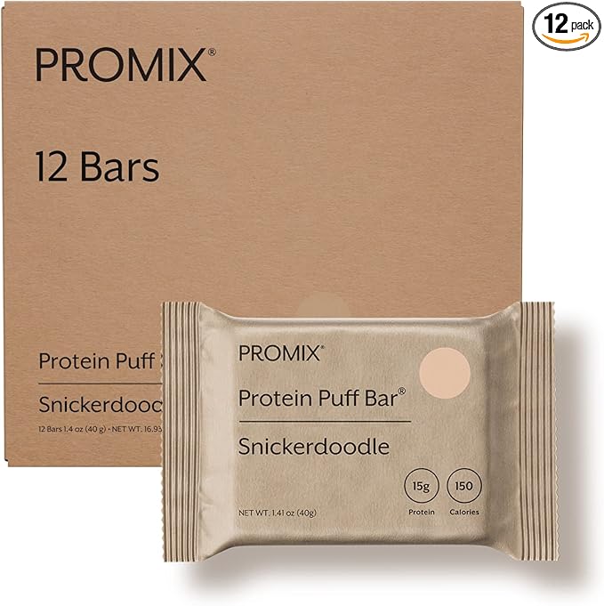 ProMix Nutrition Protein Puff Bars - Snickerdoodle - Marshmallow Crispy Treat - Great Tasting & Healthy On The Go Snack - High Protein & Low Calorie - Free From Gluten, Soy, & Corn - 12 Bars