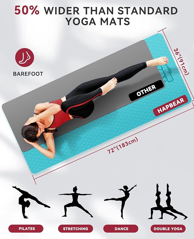 HAPBEAR Large Yoga Mat - 72"x36"x6mm (1/4 inch), Extra Wide Non-Slip Exercise Mat for Home Workout, Yoga, Pilates & Stretching, Durable & Eco-Friendly, Includes Bonus Resistance Bands & Carry Bag