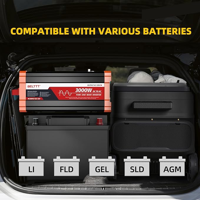 BELTTT 3000W Pure Sine Wave Inverter 12V DC to 120V AC for RV, Truck, Off-Grid, Home, Solar Car Power Inverter with Dual AC, 20A Socket, 5V 2.1A USB, Hardwire Port, Remote Controller 23Ft Cable