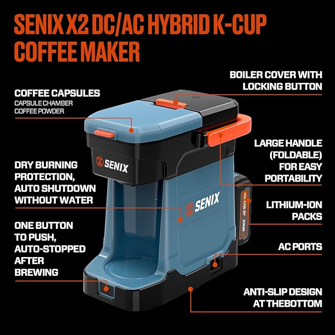 SENIX Coffee Maker, Portable Coffee Machine, 2-in-1 20V 5.0 Ah Battery, Charger & Power Cord, Compatible with K-Cups, Ground, Pods, 8oz Brew Size - for Travel, Camping, Job Site, RV, Home (CMX2-M4)