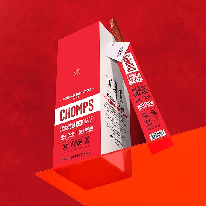 Chomps Grass-Fed and Finished Original Beef Jerky Snack Sticks 10-Pack - Keto, Paleo, Whole30, 10g Lean Meat Protein, Gluten-Free, Zero Sugar Food, Non-GMO