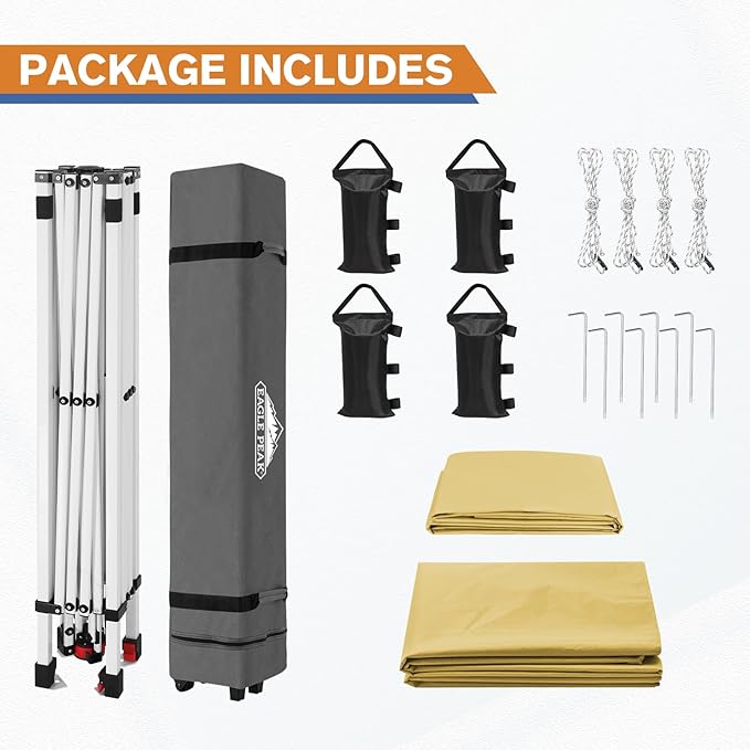 EAGLE PEAK Pop Up Canopy Tent with 1 Sidewall, Easy Setup Event Tent, Outdoor Sun Shade, Wheeled Carry Bag, Stakes and Guy Ropes, Instant Canopy 10x10, Beige