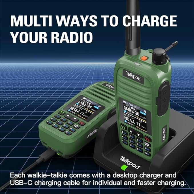 A36SE GMRS Handheld Radio Long Range, Multi Band Walkie Talkie with 771 Aviation Antenna ＆ 805 Antenna, Type-C Rechargeable Battery, AM/FM Reception, NOAA, Two Way Radio with Earpiece (Green)