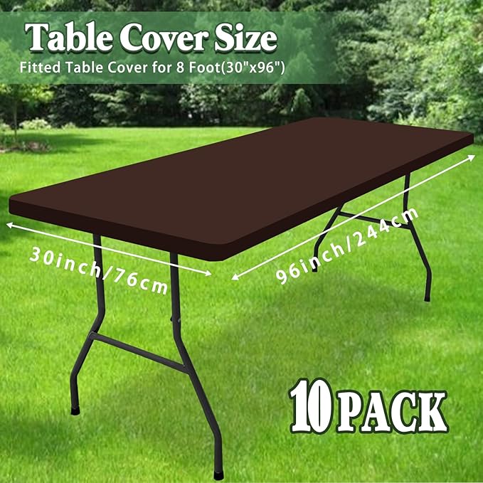 10 Pack Picnic Table Cover Fitted 8 Foot Tablecloth for Rectangle Tables Elastic Waterproof Stretch Washable Patio Folding Outdoor Spandex Table Cloth for Camping Banquet Parties (Coffee 30" x 96")