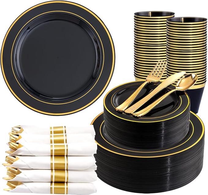 350 Pieces Black and Gold Plastic Plates with Disposable Silverware, Include 50 Dinner Plates 9”, 50 Dessert Plates 6.3”, 50 Black Cups 9 OZ, 50 Pre Rolled Napkins for Halloween new year
