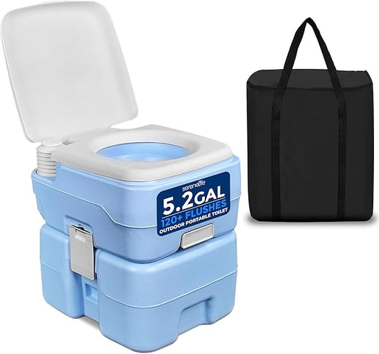SereneLife 5.2 Gal Portable Toilet for Adults – Leak-Proof Camping Toilet with Detachable Waste Tank, 120+ Flushes, Hand Sprayer, Carry Bag & Plastic Funnel for RV, Tent, Hiking, Travel & Home Use