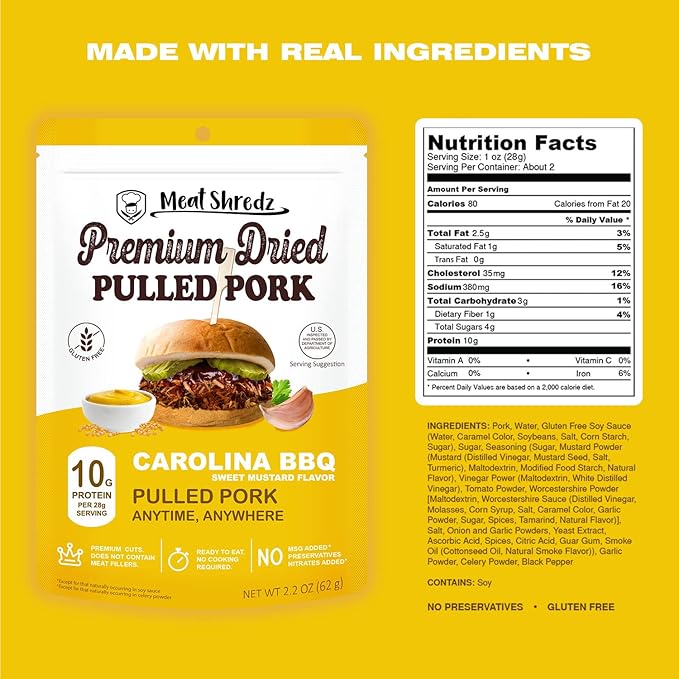 Meat Shredz - Premium Dried Pulled Pork (Carolina BBQ - Sweet Mustard, 1 Pack) | Gluten Free | High Protein & Low Sugar | Bacon Bits | Dehydrated Backpacking & Camping Food | Shredded, Dried Jerky Chew Snack