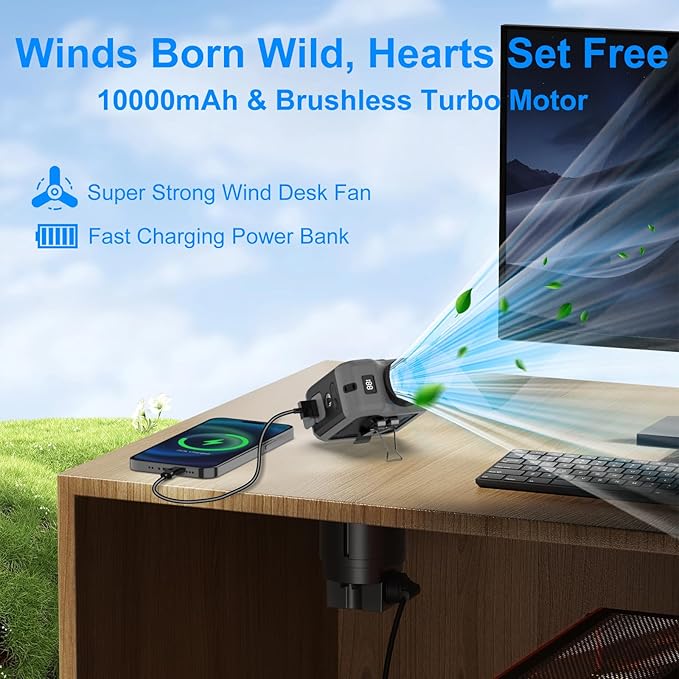 7-in-1 Multi-Use Portable Fan Hands Free Flashlight Etc,Christmas Gifts for Men Women,Turbo Powerful Cooling Personal Fan,10000mAh,24H Lasting,LED Display,Outdoor Travel Camping Fitness (Dark grey)
