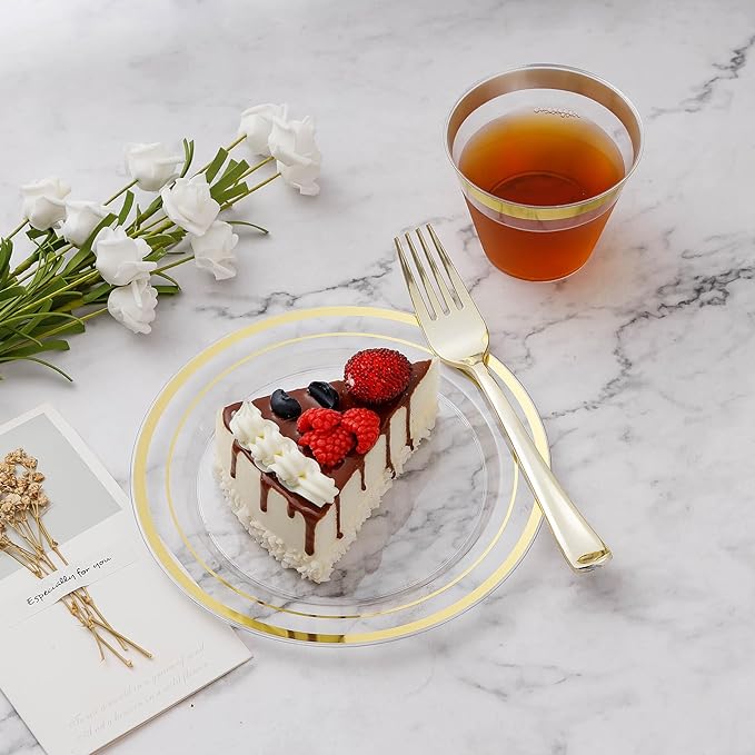 300PCS Plastic Dinnerware Set (50 Guests), Clear Gold Disposable Plates for Party, Wedding, Christmas, Anniversary, Includes: Dinner Plates, Dessert Plates, Cups, Spoons, Forks and Knives
