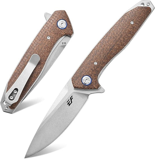 Eafengrow EF972 Folding Knife, D2 Steel Blade Micarta Handle Pocket Knife Folder for Outdoor Camping Hiking Working EDC Tool Knife(Brown)