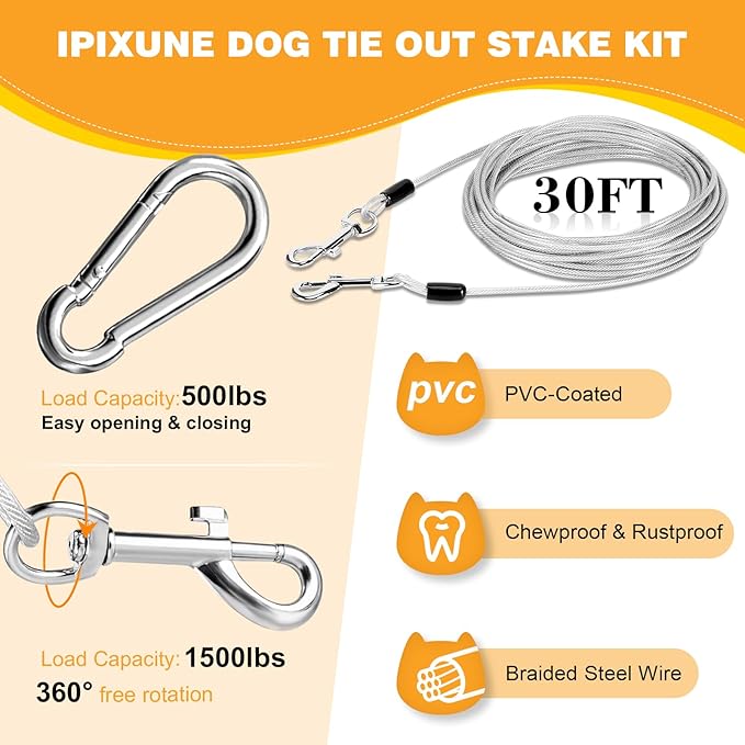 Heavy Duty Dog Tie Out Stake Kit - 30ft Tether with Ground Anchor, Brush, Handle, Storage Bag & Drill Bit - Secure Outdoor Pet Containment for Yard, Camping(Black)
