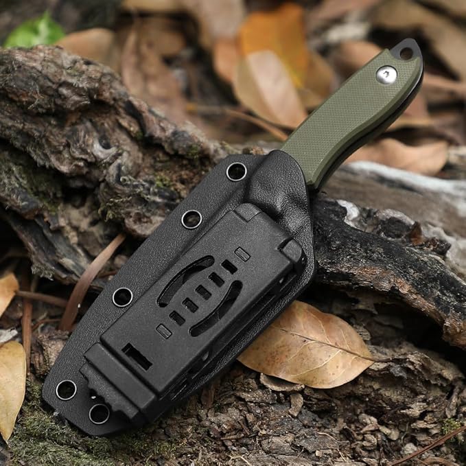 7" D2 Steel EDC Fixed Blade Knife, Versatile Carry with Kydex Sheath and G10 Handle (B- Black Balde + Green Handle)