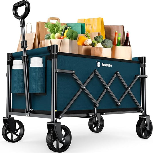 Navatiee Portable Foldable Collapsible Wagon with Wheels, 220lbs Weight Capacity Utility Grocery Shopping Cart, Lightweight Mini Folding Wagon for Outdoor, Blue