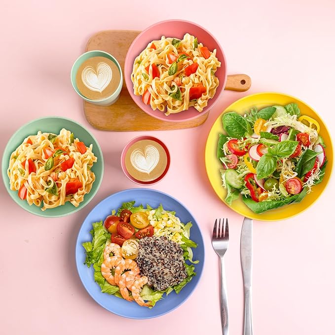 32 pcs Unbreakable Lightweight Wheat Straw Dinnerware Sets for 8, Reusable Kids Plates and Bowls Sets Non Toxic, Microwave and Dishwasher Safe Plastic Dishes Set, Camping RV Picnic Dishes