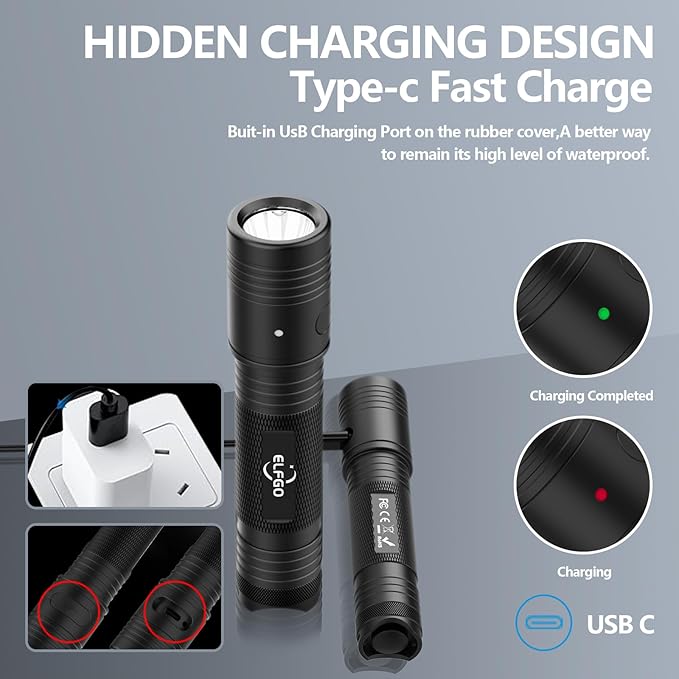 2000 Lumens Tactical Flashlight,LED Flashlight Flash Light Duty Rechargeable Flashlights with USB C IP67 Strobe Handheld Flashlight for Outdoor Camping Hiking Biking Emergency Work Light Repair