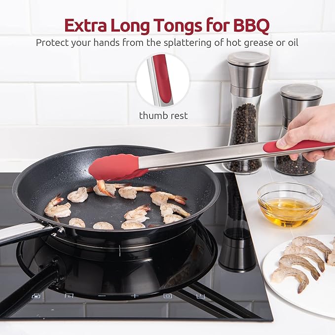 600ºF Heat Resistant Kitchen Tongs: U-Taste 16 inch Extra Long Large Silicone Cooking Tong with Sturdy Non Stick Rubber Tips & Non Slip Silicon Coated 18/8 Stainless Steel Handle for Grilling BBQ(Red)