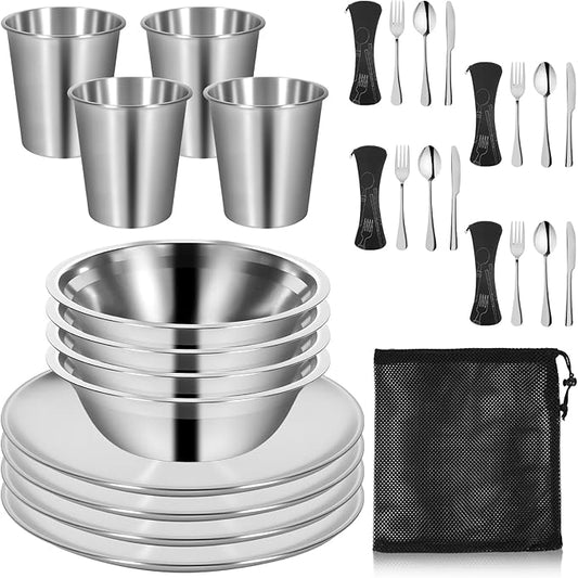 REDCAMP Stainless Steel Camping Mess Kit, Camping Dishes Set for 4, Camp Plate Set with Bowls Plates Cups Forks Spoons, for Backpacking, Outdoor Backpacking Hiking and Picnic