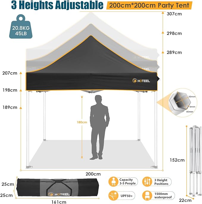 Hoteel 6.6 x 6.6 Pop up Canopy,Easy Up Heavy Duty Canopy with 4 Sidewalls,Upgrade Hexagonal Tube UPF50+ 1500mm Waterproof,Outdoor Canopy Tent with Carry Bag for Commercial Events,Beach,Camping,Black