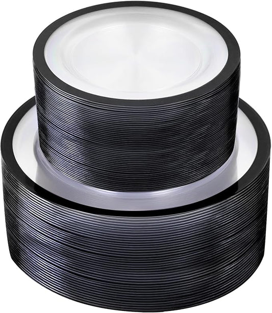 U-QE 120pcs Black Plates Disposable for Party - Clear Plastic Plates Disposable Heavy Duty - Include 60 10" Dinner and 60 7" Dessert Plate, Perfect for Halloween Party & Wedding