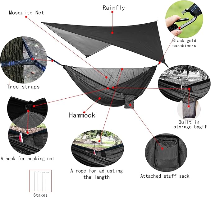 Portable Single Double Nylon High Strength Parachute Hammock Rainfly Set, Camping Hammock with Rain Fly Tarp and Mosquito Net Tent Tree Straps, Backpacking Hiking Travel Yard Outdoor Activities