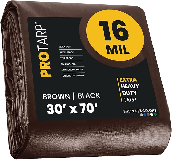 PROTARP Extra Heavy Duty 16 Mil Tarp Cover, Waterproof, UV Resistant, Rip and Tear Proof, Poly Tarpaulin with Reinforced Edges for Roof, Camping, Patio, Pool, Boat. (Brown/Black 30′ X 70′)