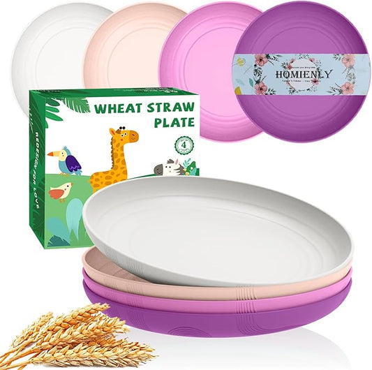 Homienly Dessert Plates, Premium Wheat Straw Plate Set, 9 Inch Plastic Plate Reusable - Microwave & Dishwasher Safe Plates for Party, Camping, RV, 4 PCS, Kitchen Essentials, Unbreakable - Flower Color