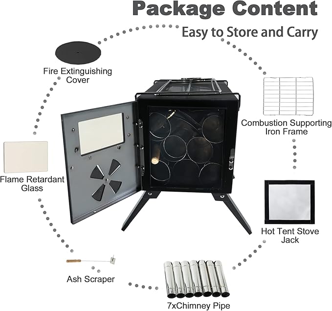 Portable Wood Burning Stove for Camping, Stainless Steel Chimney Pipe, Outdoor Heating & Cooking Hot Tent Stove for Hunting, Ice Fishing & Backpacking