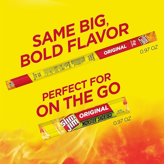 Slim Jim Monster Shortboi Smoked Meat Sticks, Original Flavor, 6g Protein Per Stick, Snack Size, Lunchbox Snack, 0.97 oz. (36 Count)