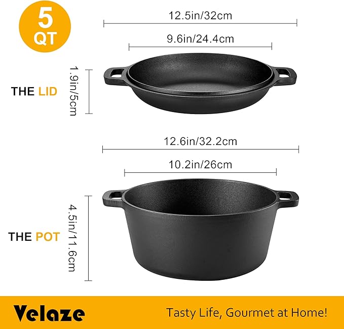 Velaze Cast Iron Dutch Oven Pot with Skillet Lid, 2-in-1 Pre-Seasoned Dual Handle Cast Iron Pan for Bread Baking, Frying, and Camping - Black 5QT