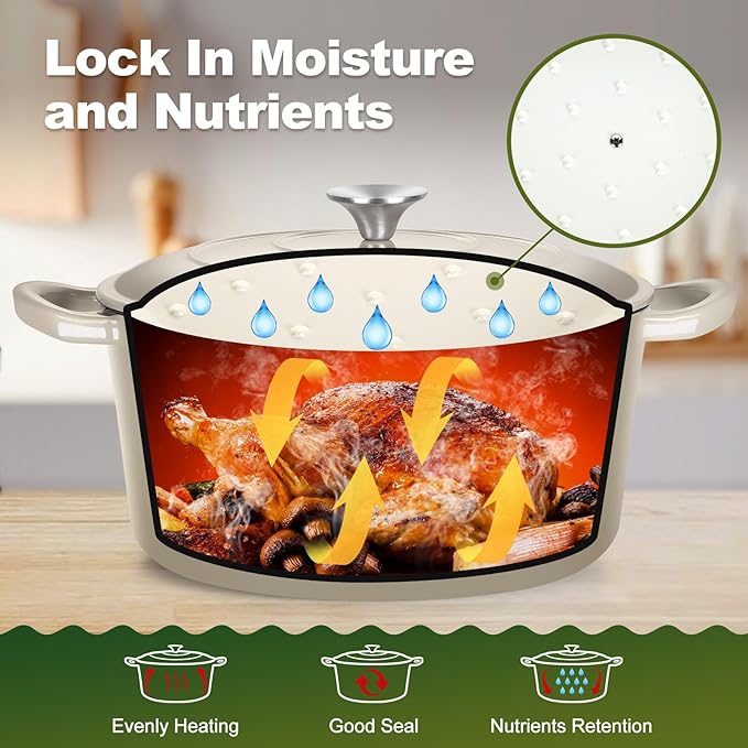 P&P CHEF 6QT Enameled Dutch Oven, Cast Iron Dutch Oven Pot with Lid for Bread Baking, Enameled Casserole Pot for Roasting Braising Stewing Frying Simmering, Various Stoves & Easy Clean, Khaki
