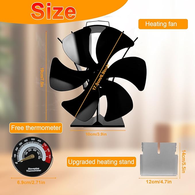 Wood stove fan for Little/Big Buddy Propane Heater, Heat Powered Fireplace Fans 6 Blades for Heaters Thermoelectric Thermal Fan with Bracket Camping/Picnic Indoor Use w/Stove Thermometer Accessories