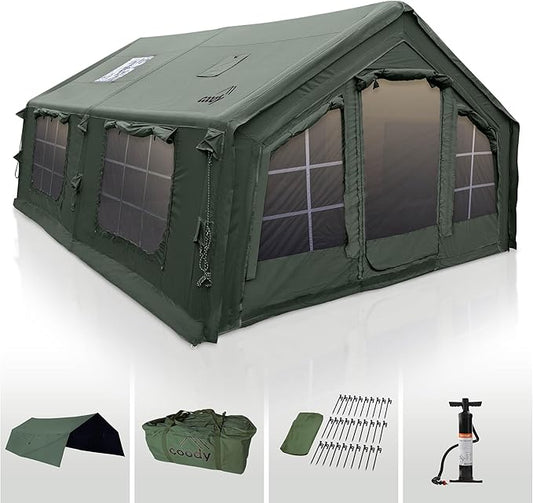 Coody | Rbm Outdoors Koala/Hub/Octopus Inflatable Tents for Camping with Stove Jack, 2/8/10 Person Luxury Canvas Blow Up Tent, 2 Room, Easy Setup Casa de Campaña, Large Inflatable House with Pump