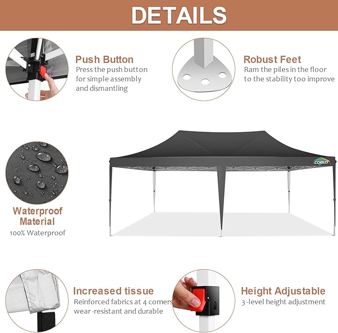 COBIZI 10x20 Pop Up Canopy Tent with Sidewalls,Party Tent Outdoor Gazebos, Waterproof & UV50+,3 Adjustable Heights,Higher Frame Design - Extra Tall for Parties Backyard,Weddings,Markets,Black