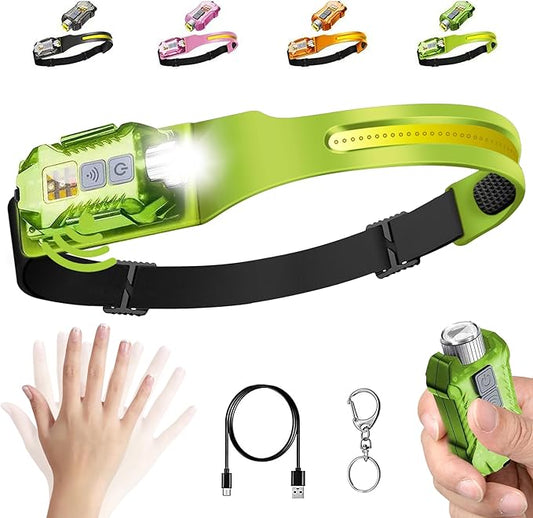 2-in-1 LED Headlamp Rechargeable, Sensing COB Headlamp Flashlight, IP65 Waterproof Magnetic 9 Modes Head Light for Adults Night Running Camping, Fishing, Hiking, Repair and Gift (Green)