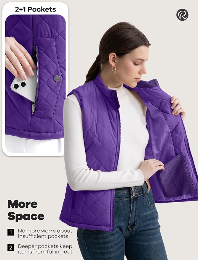 Women's Vest, Quilted Puffer Water-Resistant Zip With Pockets