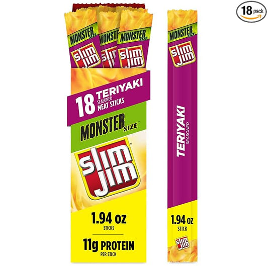 Slim Jim Monster Smoked Meat Sticks, Teriyaki Flavor, High Protein, 1.94 oz. (18 Count)
