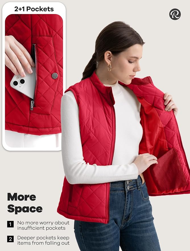 Women's Vest, Quilted Puffer Water-Resistant Zip With Pockets