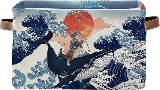 Funny Cat Riding Whale Collapsible Storage Basket - Cute Cat Whale Storage Box with Handles, Foldable Organizer for Toys & Clothes - Decorative Gift Basket for Nursery, Kids Room, Home Organization