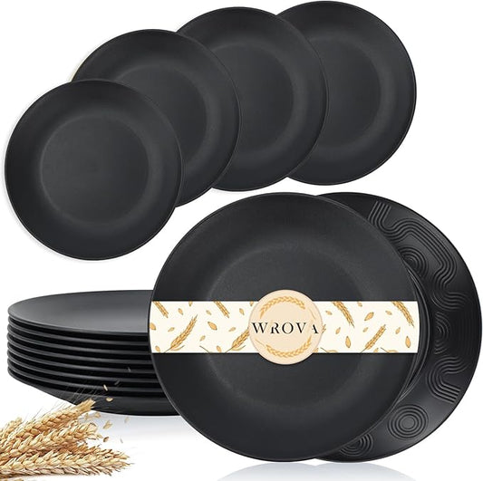 Wheat Straw Dinner Plates 9 Inch Unbreakable Set of 8 - Dishwasher & Microwave Safe Plastic Plates Reusable - Lightweight Plates for Kitchen,Camping,Apartment,Dorm,RV - Pure Black