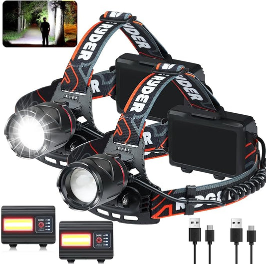 Rechargeable Headlamp 2 Set, LED Head Lamps Battery Powered, Super Bright High Lumen with 3+4 Modes Waterproof Zoomable Head lamp, 135° Adjustable for Outdoor Exploring Cycling, Fishing (2Pack)