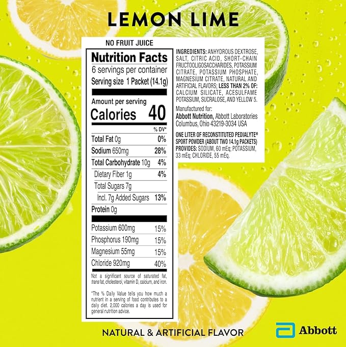 Pedialyte Sport Electrolyte Powder, Fast Hydration with 5 Key Electrolytes for Muscle Support Before, During, & After Exercise, Lemon Lime, 0.49-oz Packets (36 Count)