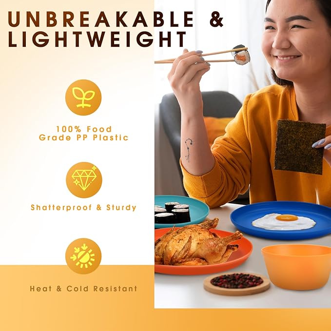 Plastic Dinnerware Sets – 40-Piece Colorful Plates and Bowls Set for 8, Reusable Unbreakable Fiesta Style Party Dishes with Cups, Knives, Forks and Spoons, for Outdoor, Picnic or Everyday Use