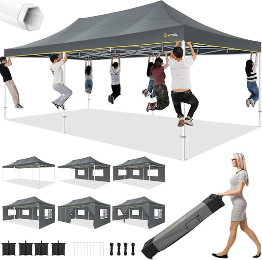 HOTEEL 13x26 Pop up Canopy Tent for Parties, Heavy Duty Easy Setup Tent with 6 Sidewalls, Outdoor Commercial Instant Gazebo for Wedding Event, with Roller Bag & Sand Bags, Grey(Hexagonal Frame)